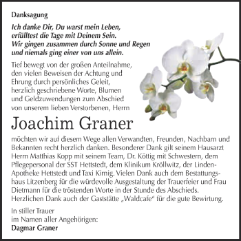 Traueranzeige von Joachim Graner von Wochenspiegel Mansfelder Land