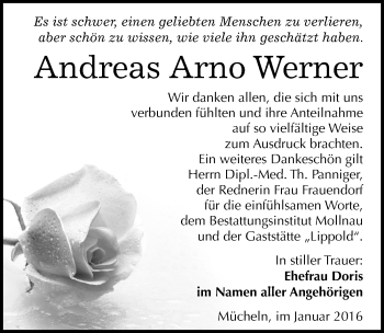 Traueranzeige von Andreas Arno Werner von Mitteldeutsche Zeitung Merseburg/Querfurt