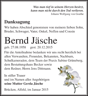 Traueranzeige von Bernd Jäsche von Mitteldeutsche Zeitung Sangerhausen