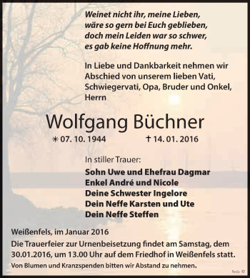 Traueranzeige von Wolfgang Büchner von WVG - Wochenspiegel NMB / WSF / ZTZ