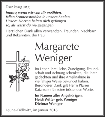 Traueranzeige von Margarete Weniger von Super Sonntag Merseburg