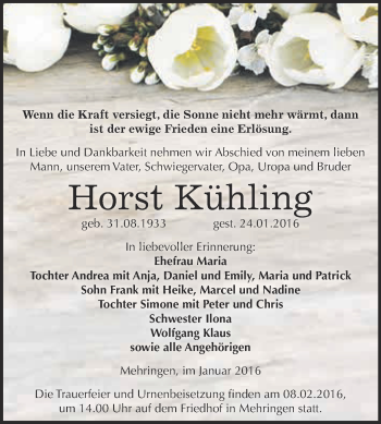 Traueranzeige von Horst Kühling von Super Sonntag Aschersleben