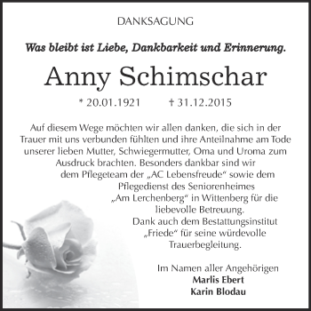 Traueranzeige von Anny Schimschar von Super Sonntag Dessau / Köthen
