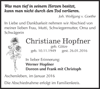 Traueranzeige von Christiane Hopfner von Super Sonntag Aschersleben
