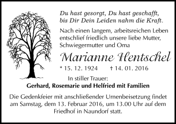 Traueranzeige von Marianne Hentschel von Mitteldeutsche Zeitung Halle/Saalkreis