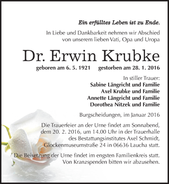 Traueranzeige von Erwin Krubke von Mitteldeutsche Zeitung Naumburg/Nebra