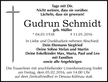 Traueranzeige von Gudrun Schmidt von Mitteldeutsche Zeitung Dessau-Roßlau
