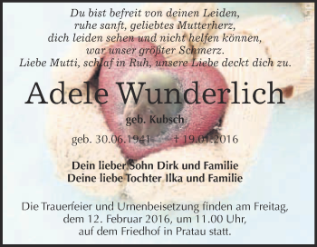 Traueranzeige von Adele Wunderlich von Super Sonntag Wittenberg