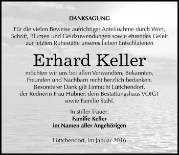 Traueranzeige von Erhard Keller von Mitteldeutsche Zeitung Mansfelder Land