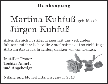 Traueranzeige von Jürgen und Martina Kuhfuß von Super Sonntag Zeitz