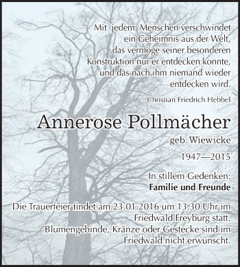 Traueranzeige von Annerose Pollmächer von WVG - Wochenspiegel Merseburg