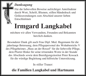 Traueranzeige von Irmgard Langkabel von WVG - Wochenspiegel Dessau / Köthen