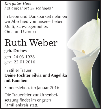 Traueranzeige von Ruth Weber von Mitteldeutsche Zeitung Mansfelder Land
