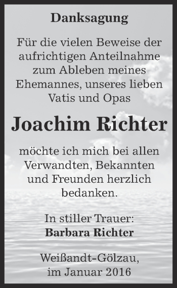 Traueranzeige von Joachim Richter von WVG - Wochenspiegel Dessau / Köthen
