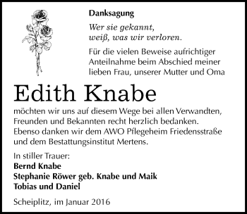 Traueranzeige von Edith Knabe von Mitteldeutsche Zeitung Naumburg/Nebra