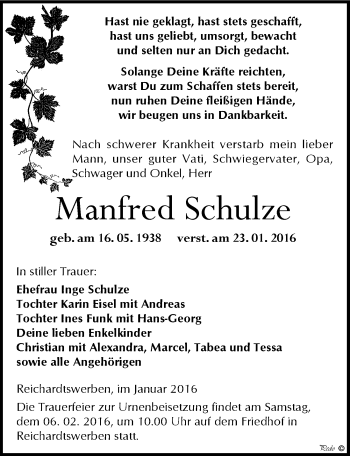 Traueranzeige von Manfred Schulze von Mitteldeutsche Zeitung Weißenfels