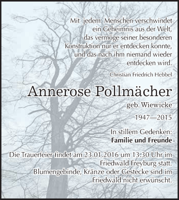 Traueranzeige von Annerose Pollmächer von WVG - Wochenspiegel NMB / WSF / ZTZ