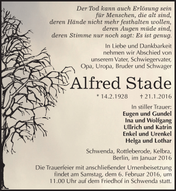 Traueranzeige von Alfred Stade von Mitteldeutsche Zeitung Sangerhausen