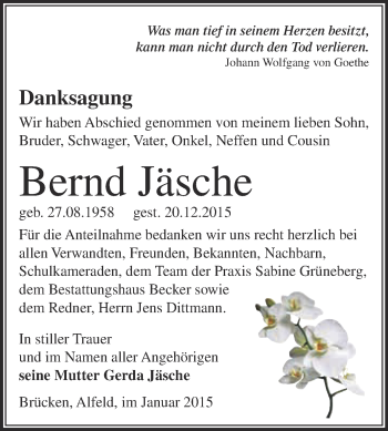 Traueranzeige von Bernd Jäsche von Super Sonntag SGH Mansf. Land