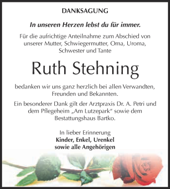 Traueranzeige von Ruth Stehning von WVG - Wochenspiegel Dessau / Köthen