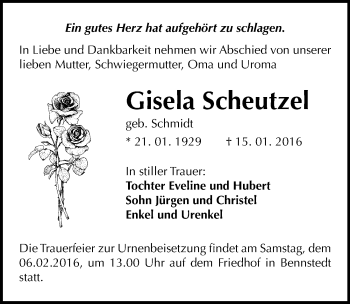 Traueranzeige von Gisela Scheutzel von Mitteldeutsche Zeitung Halle/Saalkreis