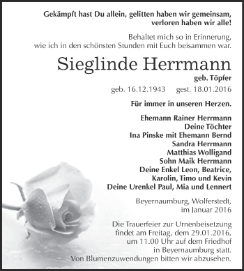 Traueranzeige von Sieglinde Herrmann von Super Sonntag SGH Mansf. Land