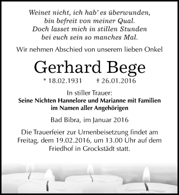 Traueranzeige von Gerhard Bege von Mitteldeutsche Zeitung Merseburg/Querfurt