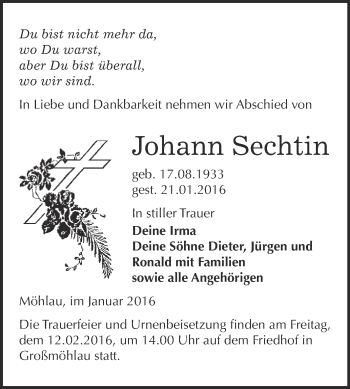 Traueranzeige von Johann Sechtin von WVG - Wochenspiegel Wittenberg