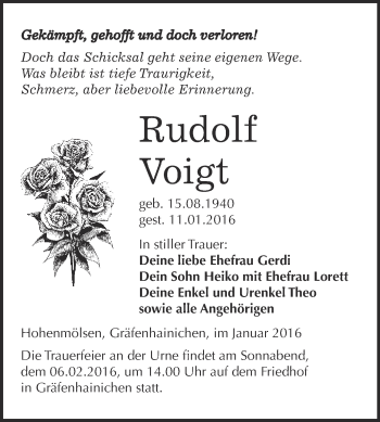 Traueranzeige von Rudolf Voigt von WVG - Wochenspiegel Wittenberg