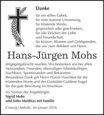 Traueranzeige von Hans-Jürgen Mohs von Super Sonntag Wittenberg