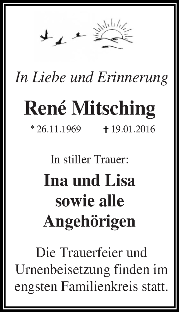  Traueranzeige für René Mitsching vom 23.01.2016 aus WVG - Wochenspiegel Dessau / Köthen