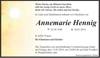 Traueranzeige von Annemarie Henning von Super Sonntag Quedlinburg