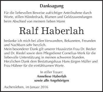Traueranzeige von Ralf Haberlah von Super Sonntag Aschersleben
