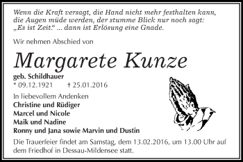 Traueranzeige von Margarete Kunze von WVG - Wochenspiegel Dessau / Köthen