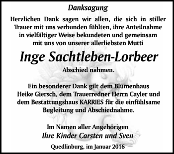 Traueranzeige von Inge Sachtleben-Lorbeer von WVG - Wochenspiegel Quedlinburg