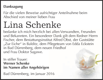 Traueranzeige von Lina Schenke von Super Sonntag Merseburg