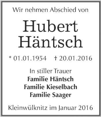 Traueranzeige von Hubert Häntsch von WVG - Wochenspiegel Dessau / Köthen