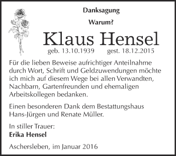 Traueranzeige von Klaus Hensel von Super Sonntag Aschersleben
