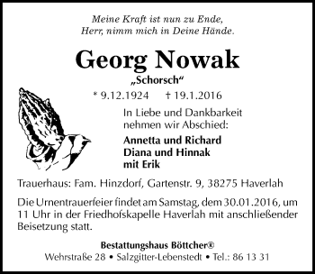 Traueranzeige von Georg Nowak von Mitteldeutsche Zeitung Bernburg