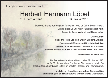 Traueranzeige von Herbert Hermann Löbel von WVG - Wochenspiegel Quedlinburg