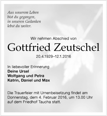 Traueranzeige von Gottfried Zeutschel von Mitteldeutsche Zeitung Weißenfels