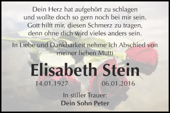 Traueranzeige von Elisabeth Stein von WVG - Wochenspiegel Dessau / Köthen