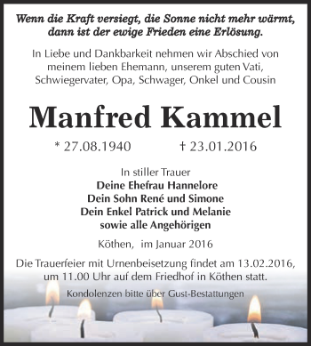Traueranzeige von Manfred Kammel von WVG - Wochenspiegel Dessau / Köthen
