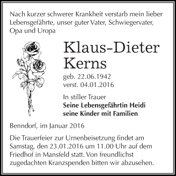 Traueranzeige von Klaus-Dieter Kerns von Wochenspiegel Mansfelder Land