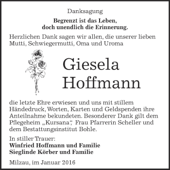 Traueranzeige von Giesela Hoffmann von Super Sonntag Merseburg