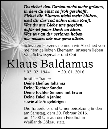 Traueranzeige von Klaus Baldamus von Mitteldeutsche Zeitung Köthen