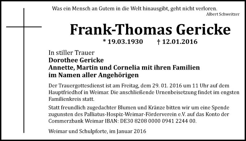 Traueranzeige für Frank-Thomas Gericke vom 23.01.2016 aus Mitteldeutsche Zeitung Naumburg/Nebra