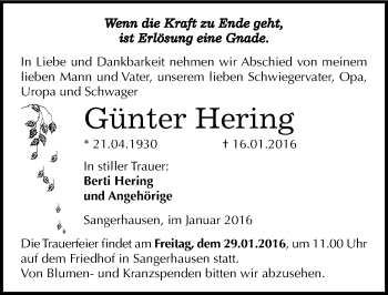 Traueranzeige von Günter Hering von Mitteldeutsche Zeitung Sangerhausen