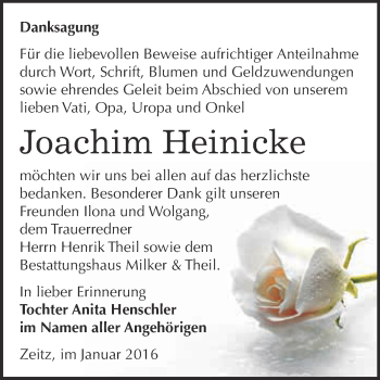 Traueranzeige von Joachim Heinicke von Super Sonntag Zeitz