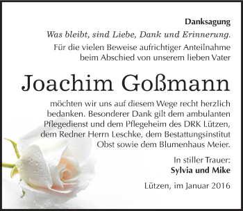 Traueranzeige von Joachim Goßmann von Mitteldeutsche Zeitung Weißenfels